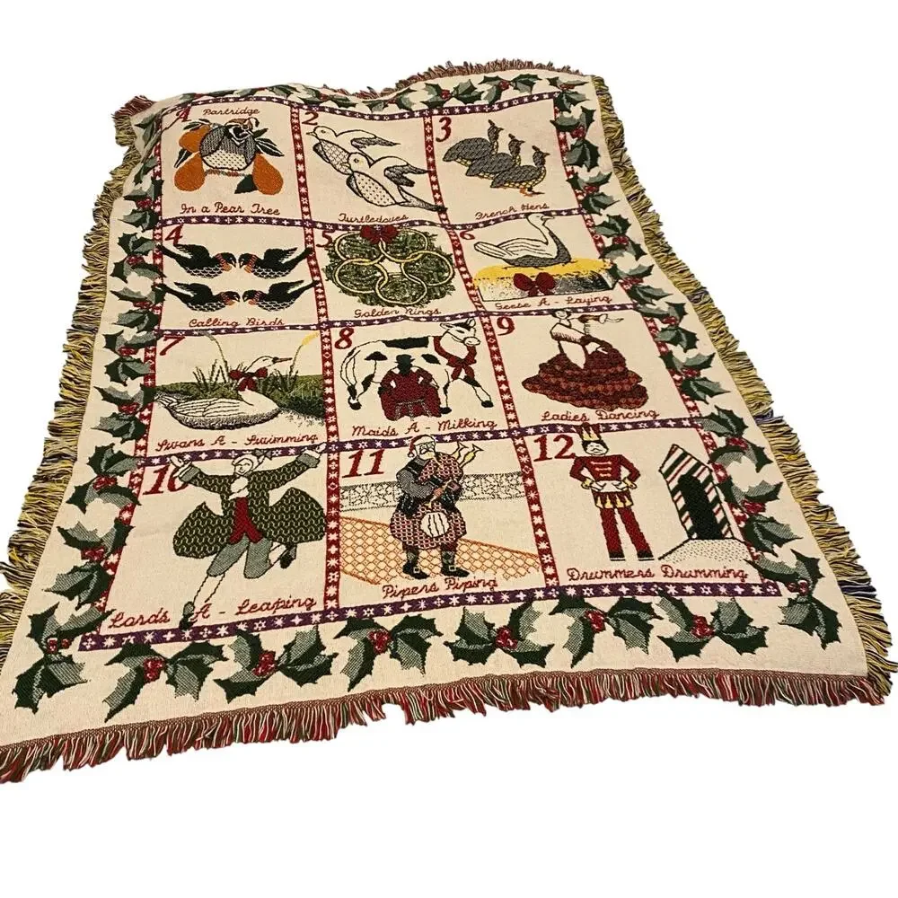 Vintage 12 Days of Christmas Woven Tapestry Throw Blanket Fringe 49x71 Large